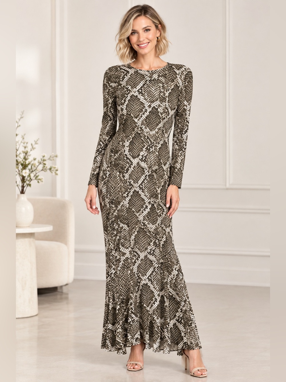 Norma Kamali Python Print Jersey Fishtail Midi/Maxi Dress L/40